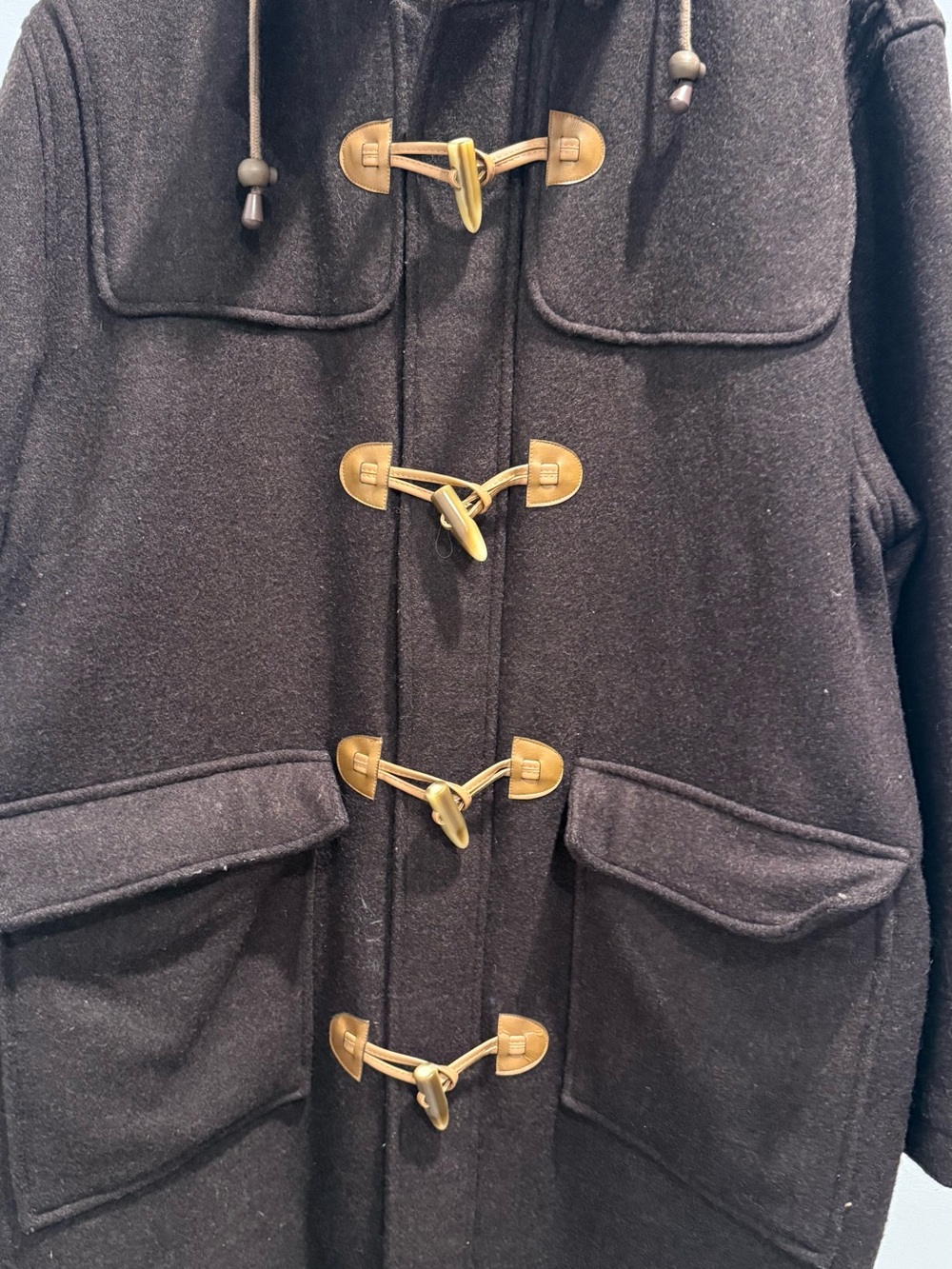 Orvis Black Wool Toggle Pea Coat with Tan Leather Accents